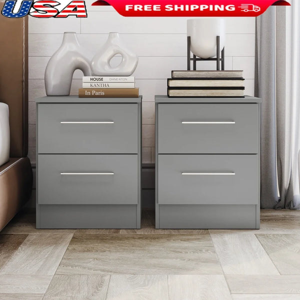 2-Drawer Nightstand Set of 2 Modern Gray Bedside Tables Compact Storage Bedroom Adults Teens Stylish Furniture