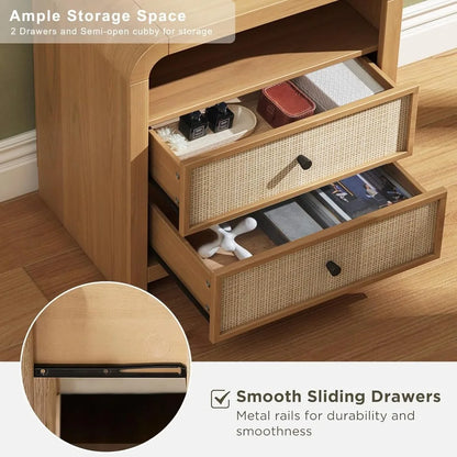 rattan nightstand set of 2, 23.6'' rattan end table with ample storage, boho nightstand with charging station, thick