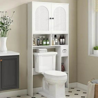 Over-the-Toilet Rattan Storage Cabinet with Double Doors and Toilet Paper Stand, Freestanding - Loft&Timber
