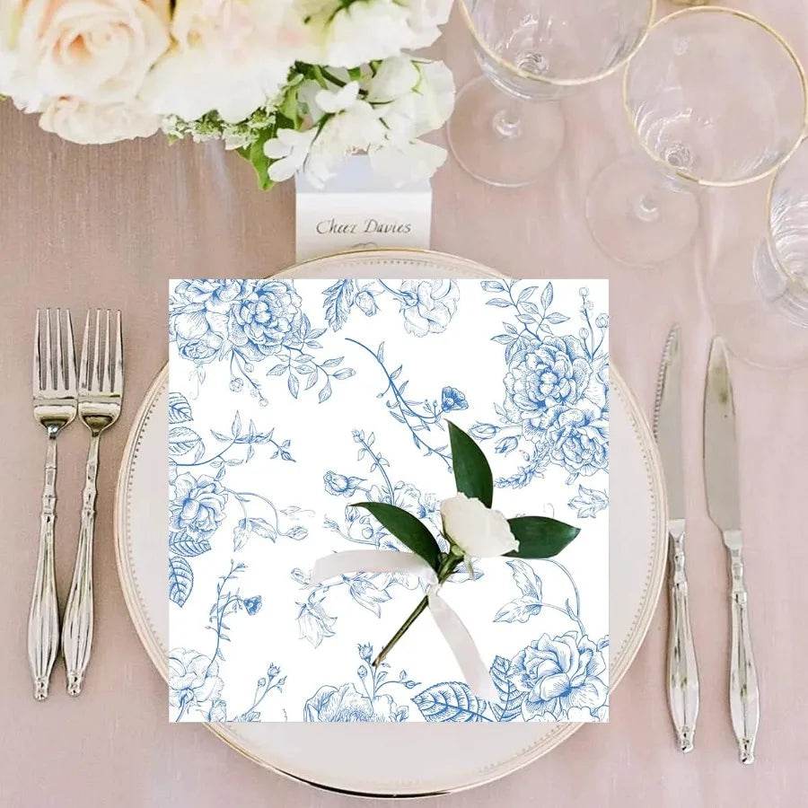 50 Pack Blue Floral Cocktail napkins Blue and White Floral Paper - Loft&Timber