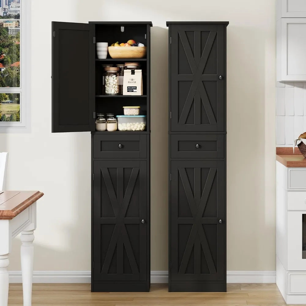 67" h tall bathroom cabinet, narrow storage cabinet with 2 barn doors and 1 drawer, freestanding floor cabinets with 6 shelves