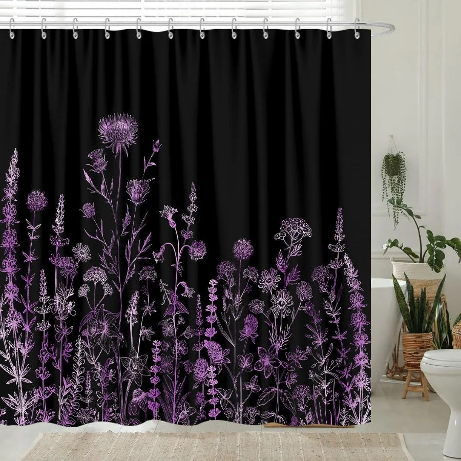 Vintage Black and Purple Boho Shower Curtain with Dark Wildflower Botanical Flowers 72X72"