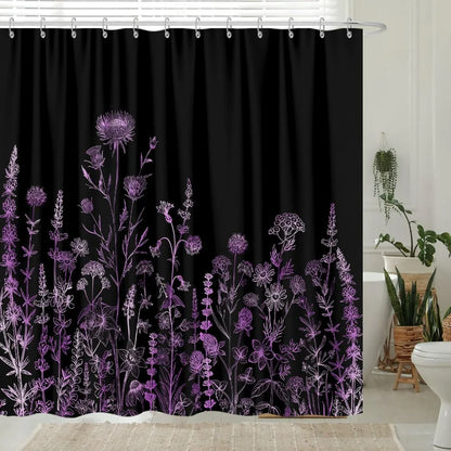 Vintage Black and Purple Boho Shower Curtain with Dark Wildflower Botanical Flowers 72X72"