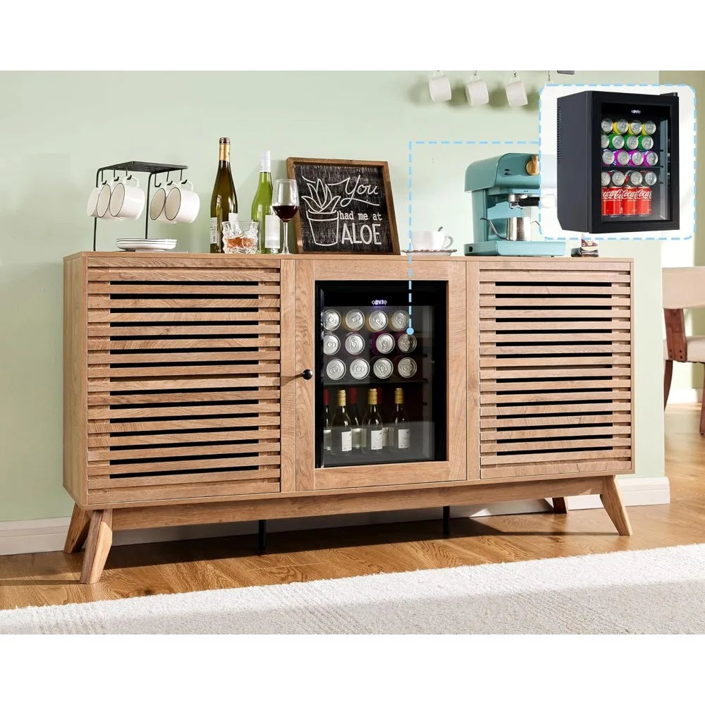 60" coffe bar cabinet with built-in beverage refrigerator– wine bar with 24 cans mini fridge and sideboard buffet cabinet