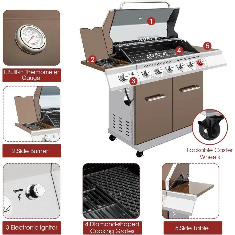 6-Burner Propane Gas Grill with Sear and Side Burners, 74,000 BTUs - Loft&Timber