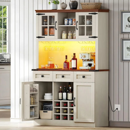 Coffee Bar Cabinet with Power Outlet/Lights, 72" Pantry wers, Tall Liquor Cabin - Loft&Timber