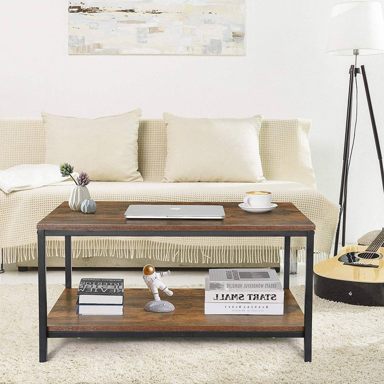 Heavy Duty Industrial 2-Tier Coffee Table in Rustic Brown Wood Finish-1