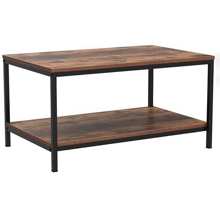 Heavy Duty Industrial 2-Tier Coffee Table in Rustic Brown Wood Finish-2
