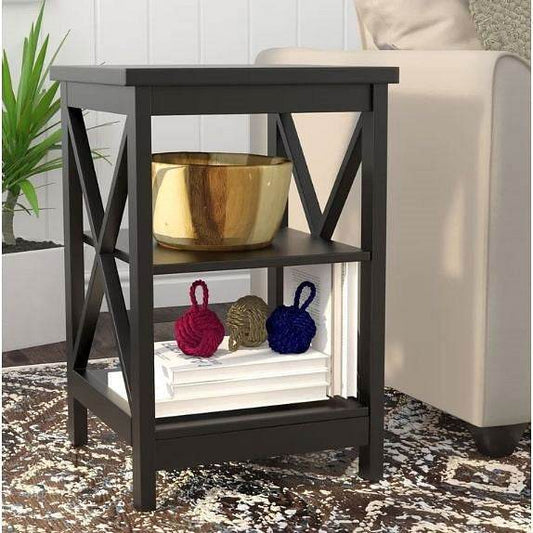 Black Wood X-Design End Table Nightstand with 3 Open Shelves - Loft&Timber