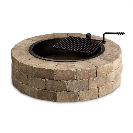 48-in Outdoor Round Concrete Block Stone Fire Pit Kit with Cooking Grill Grate - Loft&Timber