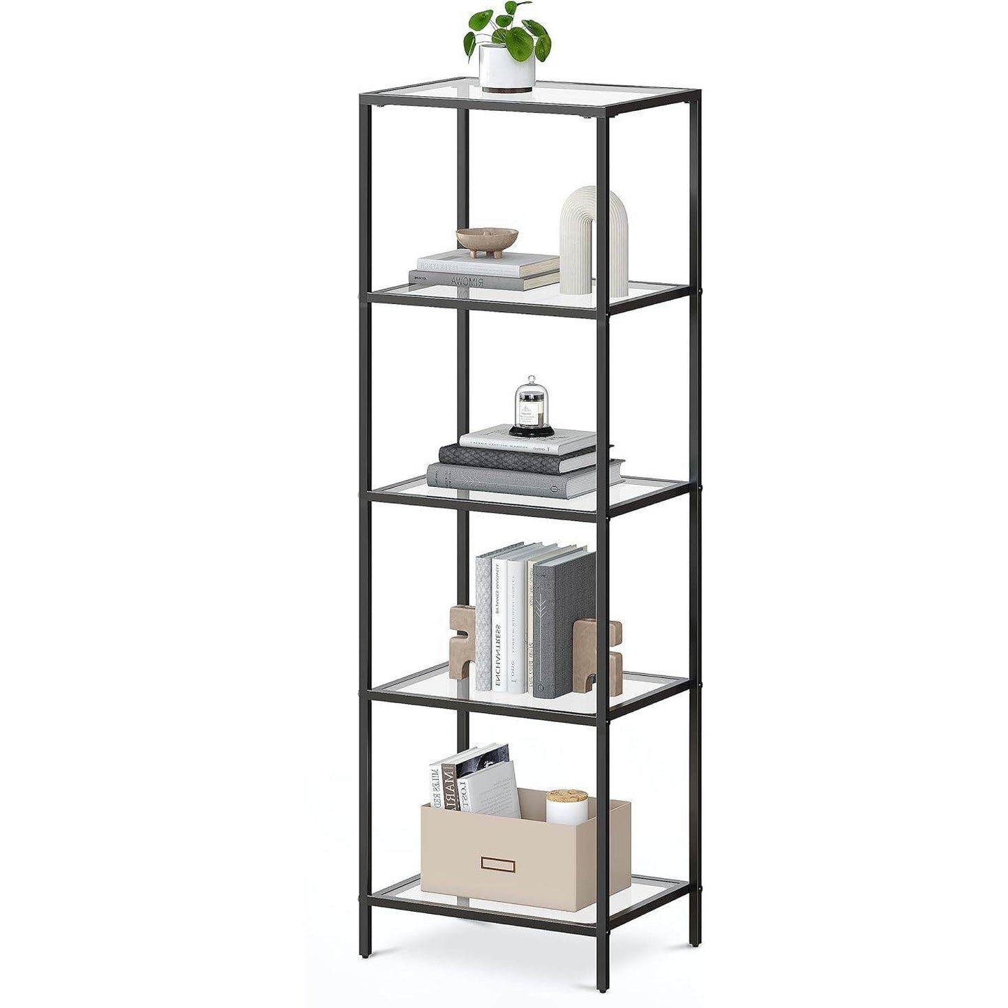 Black Metal Frame Glass Shelf Bookcase 4-Shelves Shelving Unit - Loft&Timber
