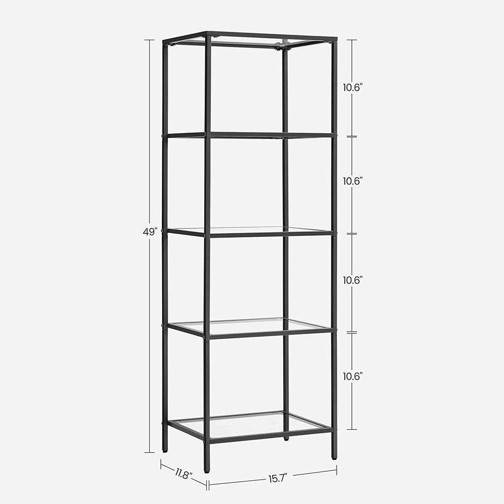 Black Metal Frame Glass Shelf Bookcase 4-Shelves Shelving Unit - Loft&Timber