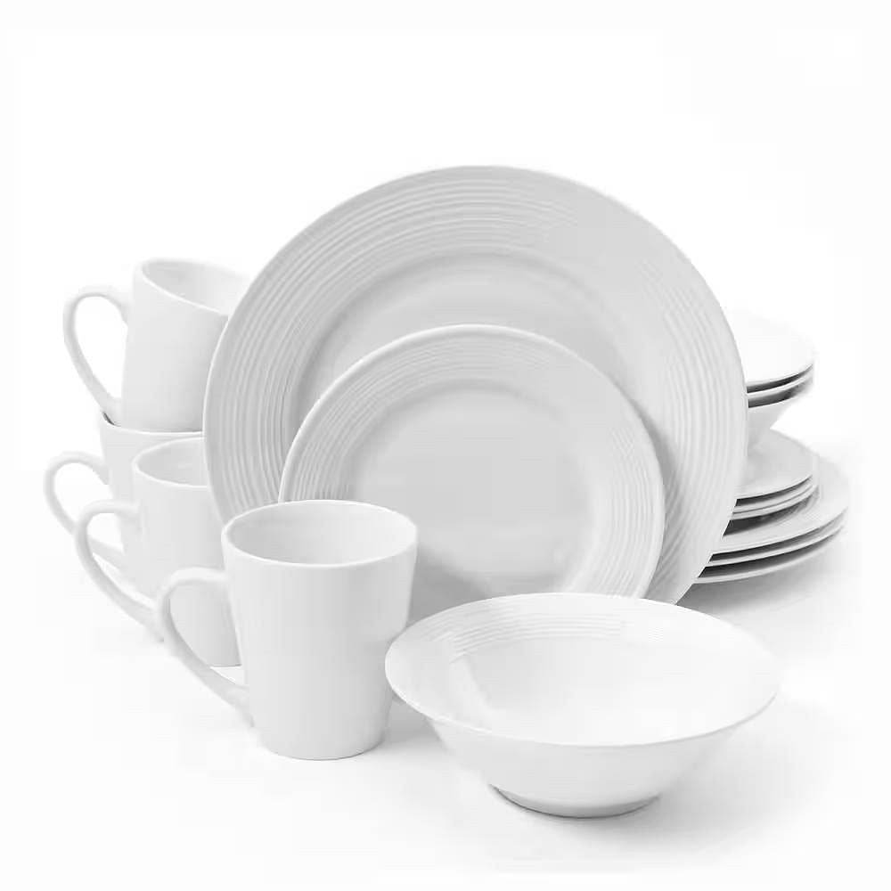 16-Piece White Ceramic Dinnerware Set w/ Bowls Plates and Mugs - Service for 4 - Loft&Timber