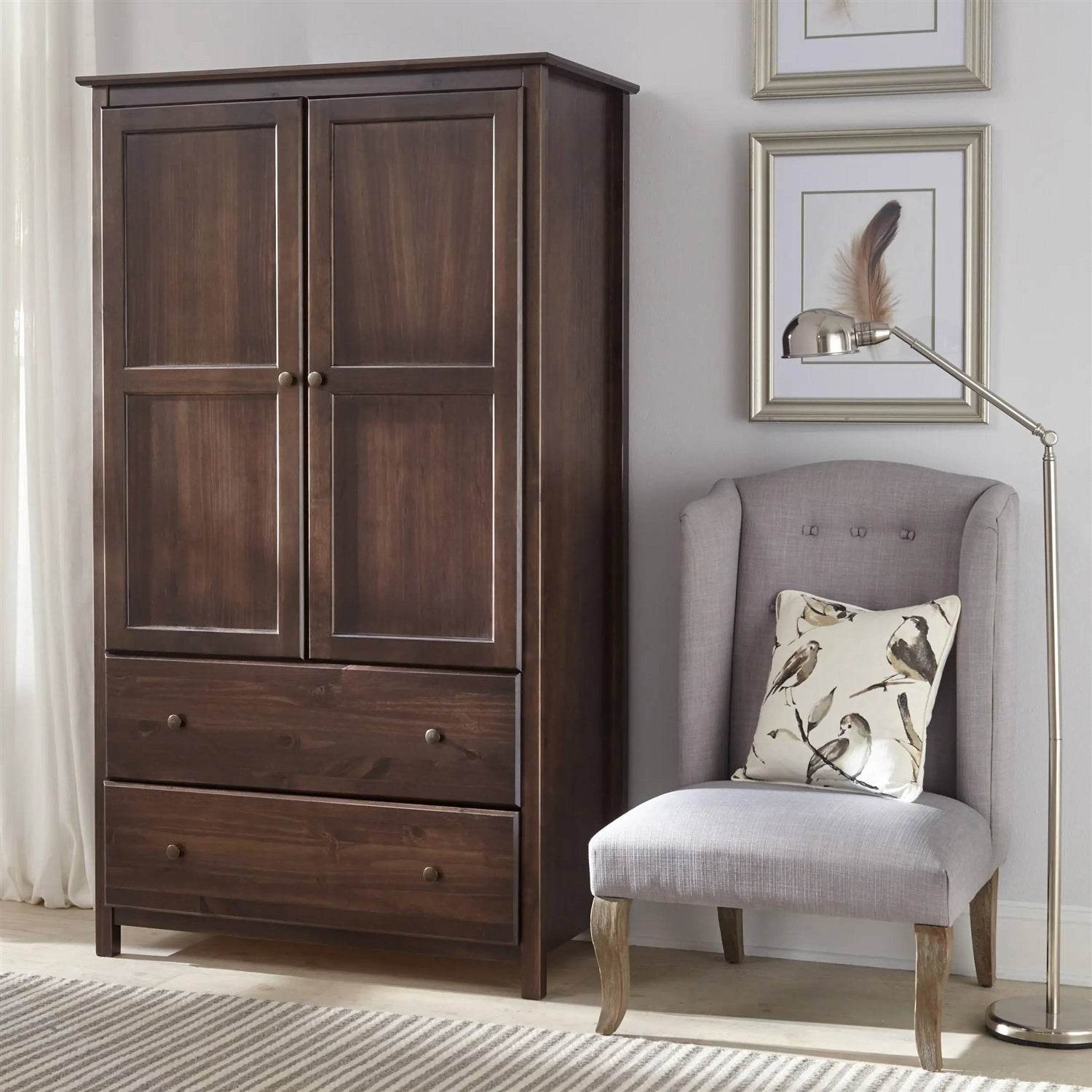 Brown Espresso Solid Wood Bedroom Armoire Wardrobe Cabinet with Hanging Bar - Loft&Timber
