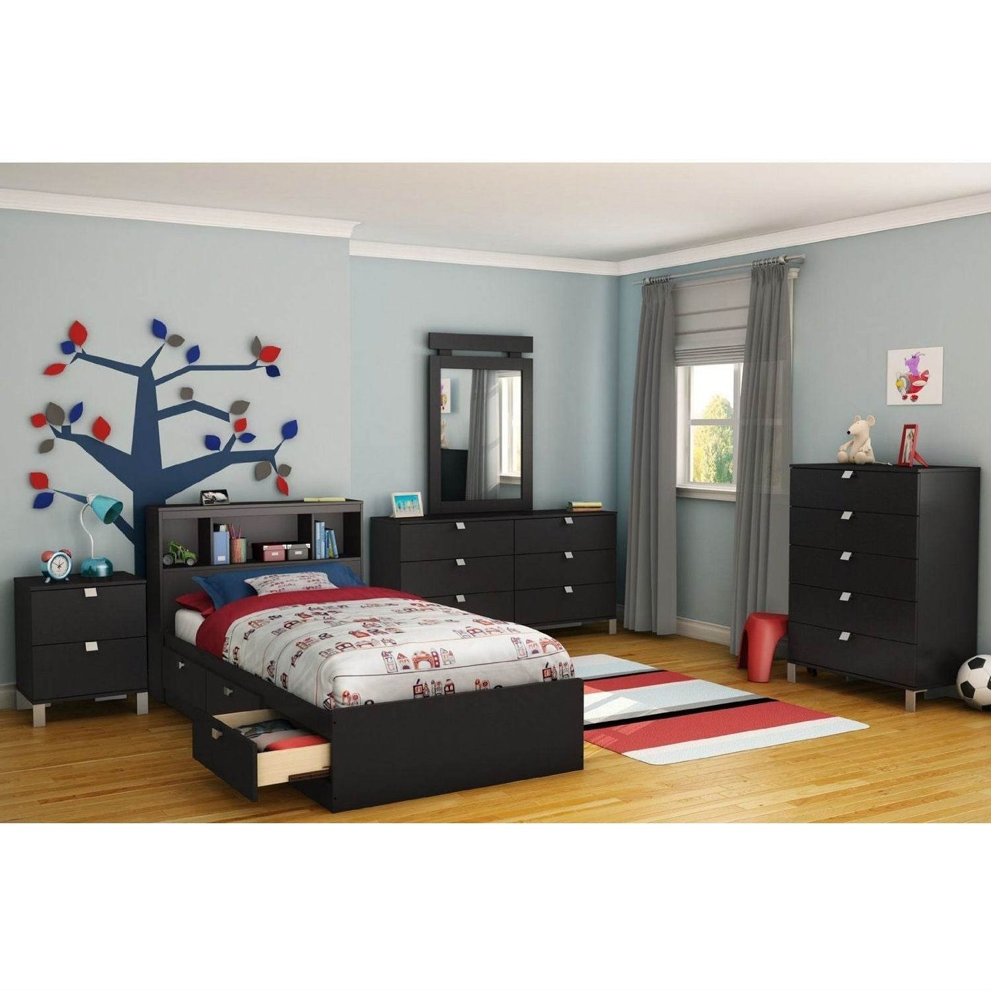 Twin size Platform Bed with 3 Storage Drawers in Black Finish - Loft&Timber