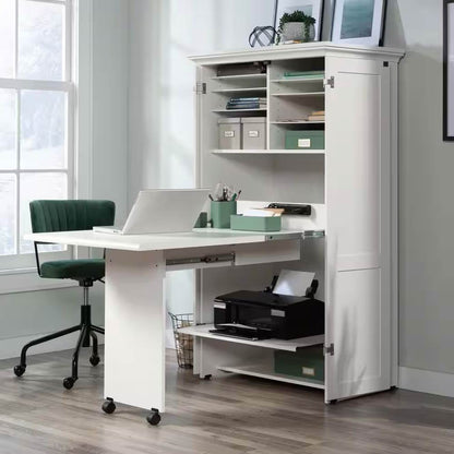 Drop Leaf Computer Desk Craft Table Armoire in White Wood Finish - Made in USA - Loft&Timber