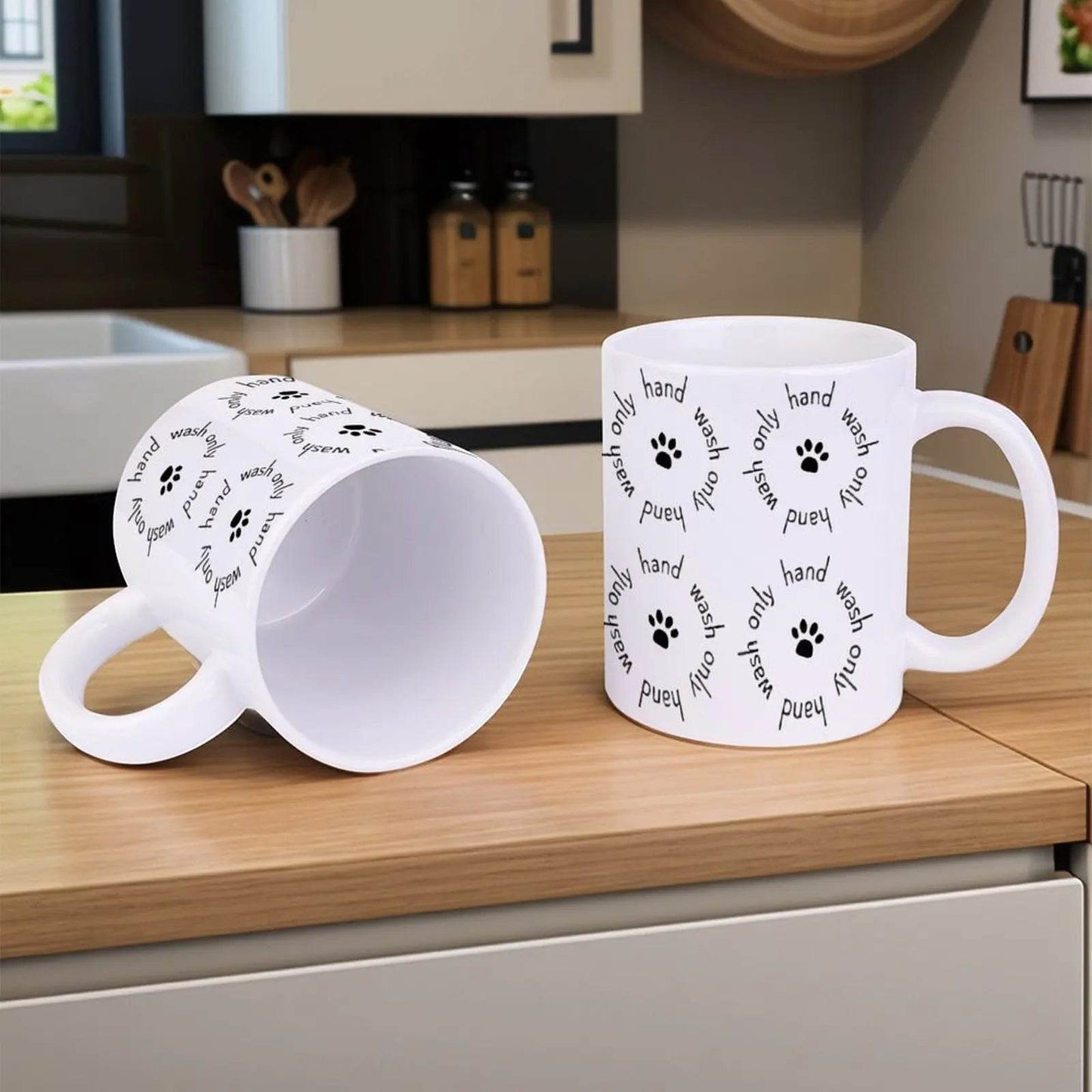 Four Black And White Paw Prints With The Words Hand Wash On Them Mugs Coffee Cups, 11oz Coffee Mug - Loft&Timber