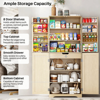 Redlife 72" Kitchen Pantry Storage Cabinet with 8 Shelves 4 Rattan Doors - Loft&Timber