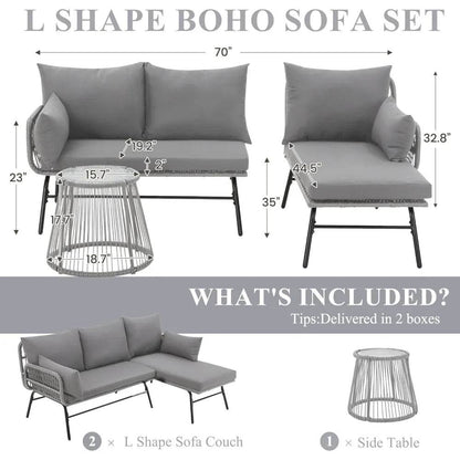 3-Piece Outdoor Patio Furniture Set, L-Shaped Rattan Sectional Sofa with Thick Cushions - Loft&Timber