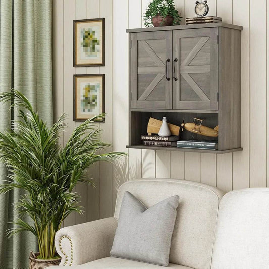 Farmhouse Style Wall-Mounted Bathroom Cabinet with Adjustable Shelves and Barn Door Design
