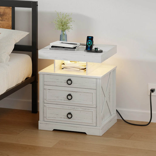 JDPAG Farmhouse Nightstand with Lockable Gun Drawer,3 Color Dimmable LED End Table with Charging Station