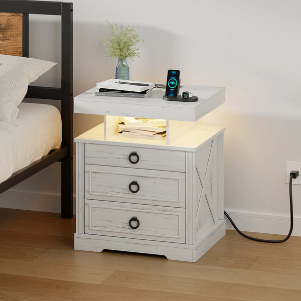 JDPAG Farmhouse Nightstand with Lockable Gun Drawer,3 Color Dimmable LED End Table with Charging Station,Bedside Table with Huma