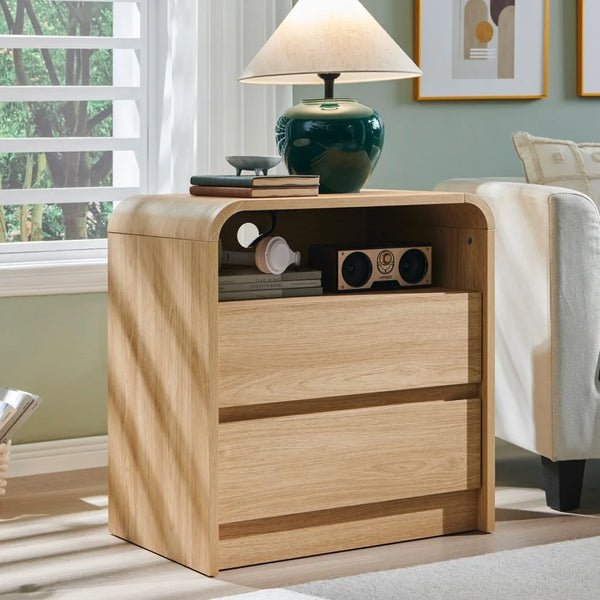 25" Tall Modern Nightstand with Charging Station,23.6'' Wide Wood Bedside Table w/2 Storage Drawers, Large Mid Century End Table