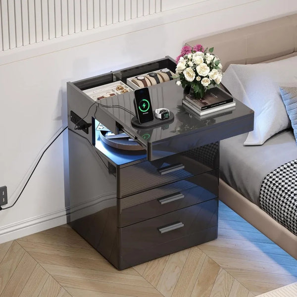 Contemporary LED Nightstand with Secret Compartment, Sleek Charging Station Night Stand, 3-Drawer Intelligent Nightstand with Gl