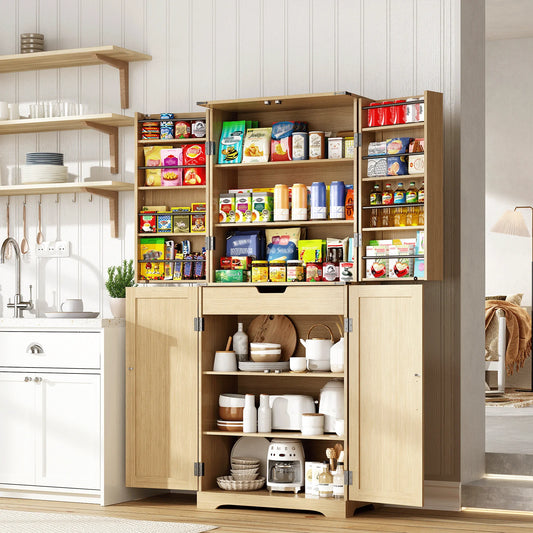 Redlife 72" Kitchen Pantry Storage Cabinet with 8 Shelves 4 Rattan Doors - Loft&Timber