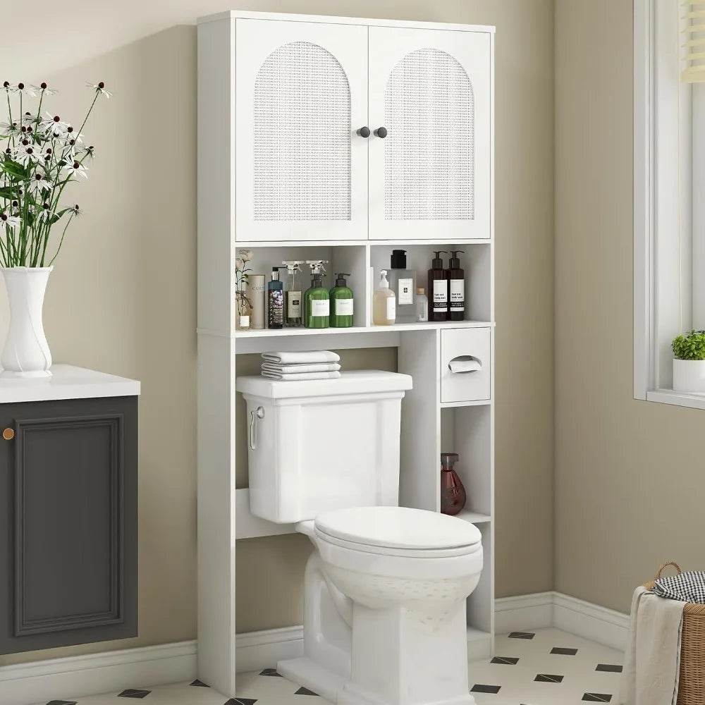 Over-the-Toilet Rattan Storage Cabinet with Double Doors and Toilet Paper Stand, Freestanding - Loft&Timber