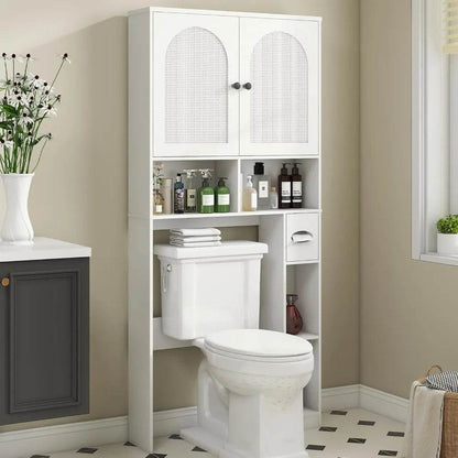 Over-the-Toilet Rattan Storage Cabinet with Double Doors and Toilet Paper Stand, Freestanding - Loft&Timber