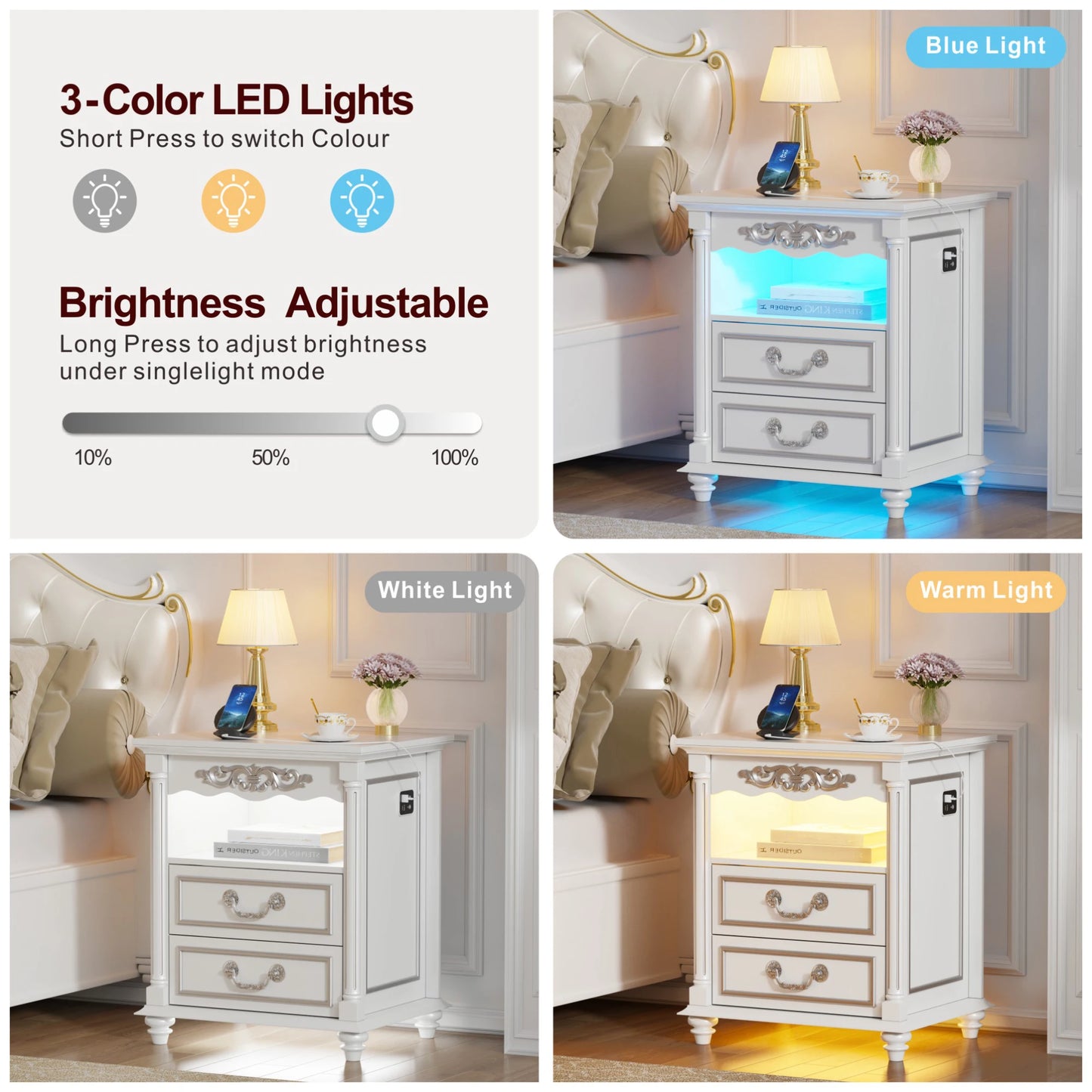 JDPAG Farmhouse Nightstand with Gun Drawer, 20" Vintage Bedside Table with LED Lights & Charging Station