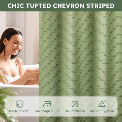 No Hook Shower Curtain and Snap in Liner Set Sage Green Tufted Chevron