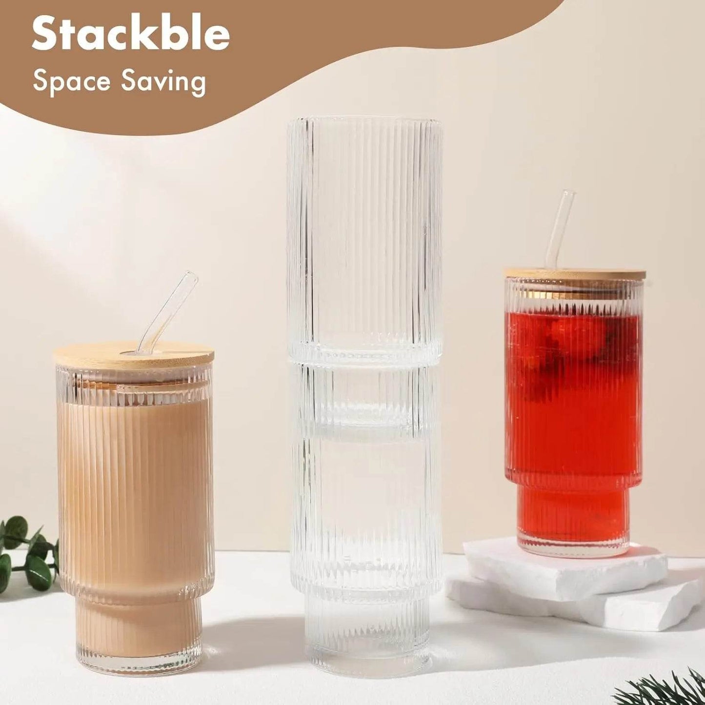 Glass Cups with Bamboo Lids and Straws - 16 oz Iced Coffee Cups - Loft&Timber