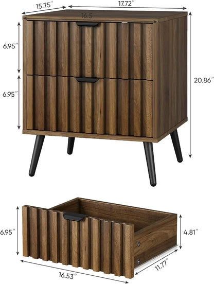 Walnut Wooden Night Stand, Mid Century Nightstand with 2 Fluted Drawers, Bedside Table with Metal Feet, Modern End Side Table fo