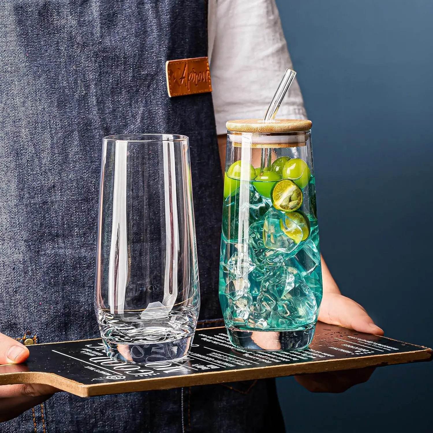 Drinking Glasses, Crystal Highball Glasses Set of 6 with Straws and Bamboo Lids - Loft&Timber