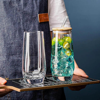 Drinking Glasses, Crystal Highball Glasses Set of 6 with Straws and Bamboo Lids - Loft&Timber