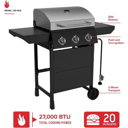 Nexgrill 3-Burner Propane Gas Grill with Side Shelves, 27,000 BTU Output, Stainless Steel Hood, Large 429 Square Inch - Loft&Timber