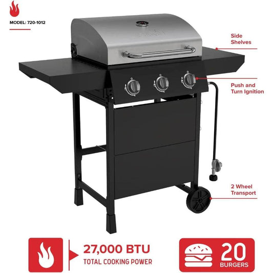 Nexgrill 3-Burner Propane Gas Grill with Side Shelves, 27,000 BTU Output, Stainless Steel Hood, Large 429 Square Inch