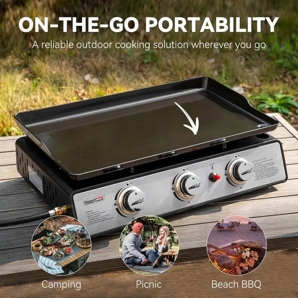 Portable 24-Inch 3-Burner Gas Grill with Griddle and Cover, 25,500 BTUs - Loft&Timber