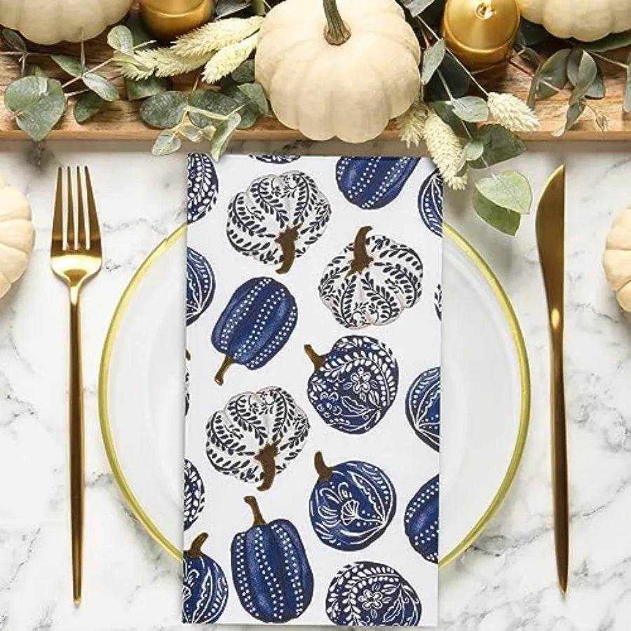 80 Pack Porcelain Pumpkins Guest napkins Disposable Blue Botanical Leaves - Loft&Timber