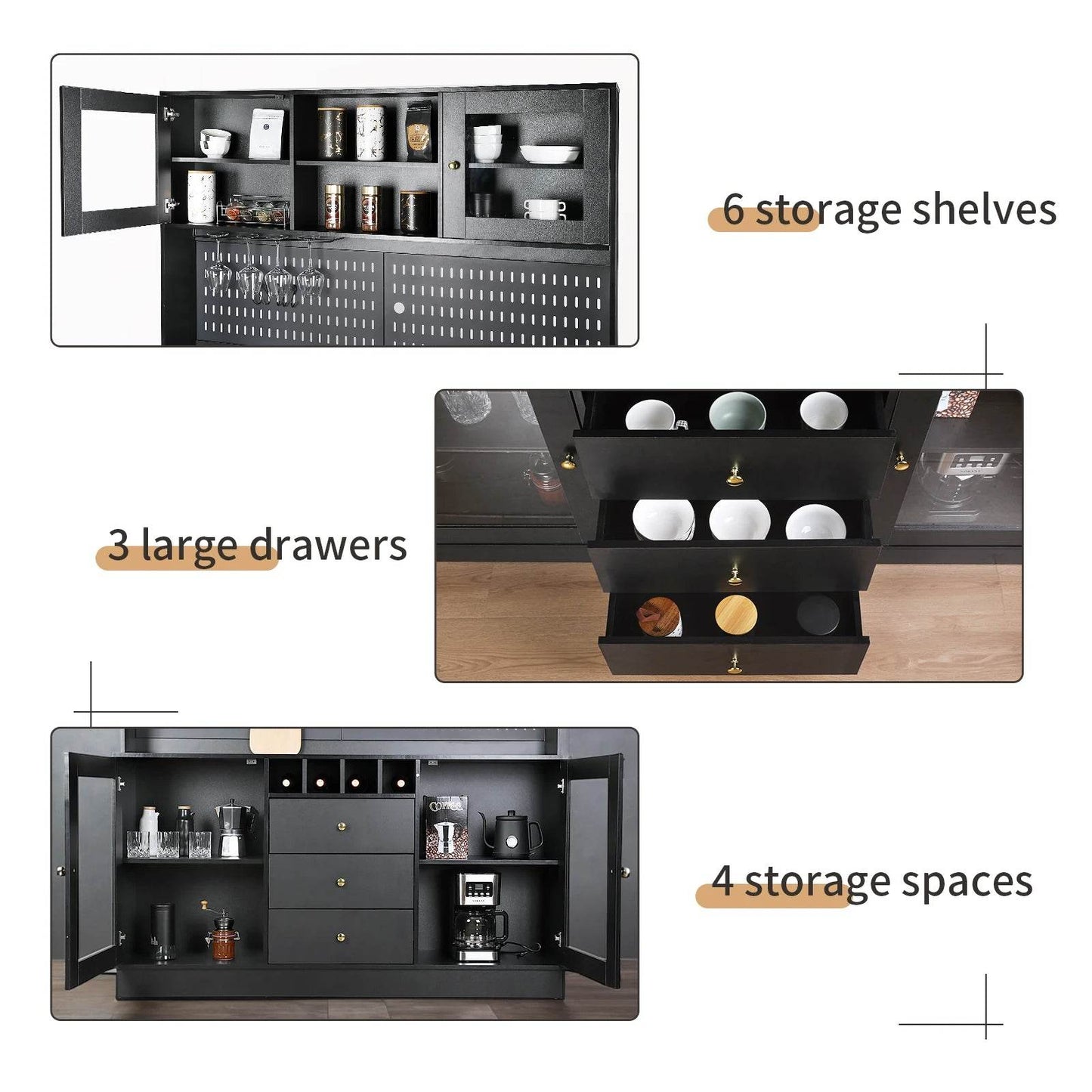 Pantry Cabinet, Kitchen Storage Cabinet, Freestanding Buffet Hutch with Pegboard, Cup Holder, Power Outlet, Black - Loft&Timber