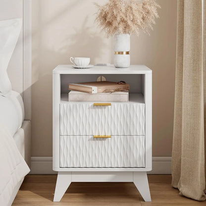 18" Fluted Nightstand - Modern Bedside Table with Charging Station & Storage Drawers