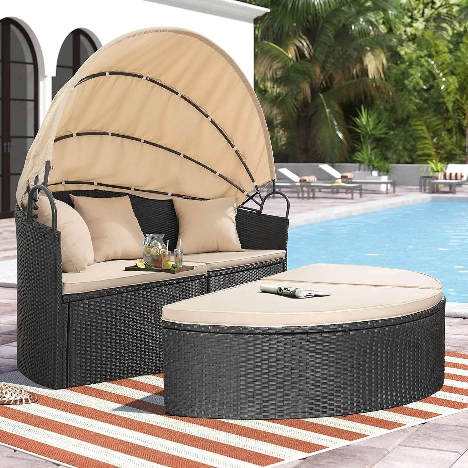 Patio Outdoor Daybed with Retractable Canopy Rattan Wicker Seating - Loft&Timber