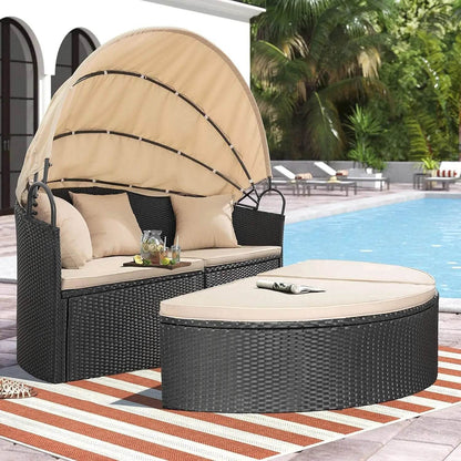 Patio Outdoor Daybed with Retractable Canopy Rattan Wicker Seating - Loft&Timber