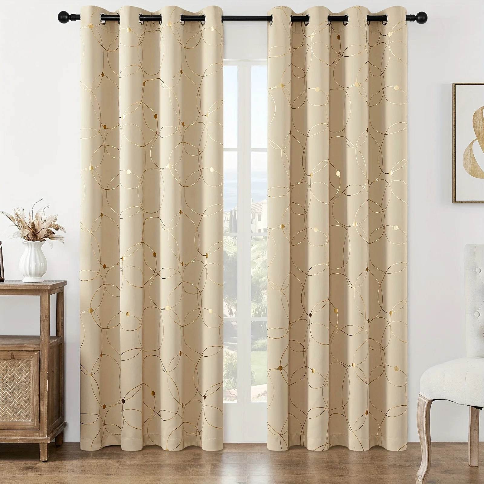 2Pcs Golden Wave &Circle Blackout Curtains Thermal Insulated - Loft&Timber