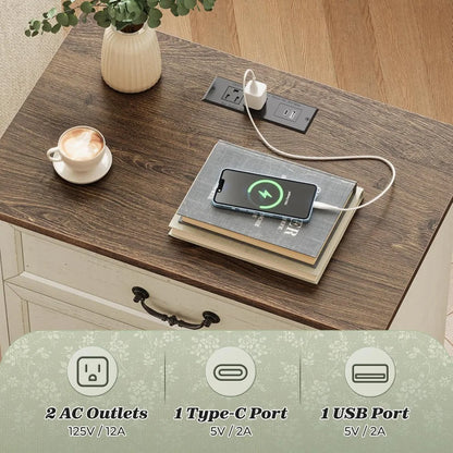 Nightstand with Charging Station, 3 Drawer Night Stand Set of 2, 22 Inch Wider Side Table with Storage, Farmhouse Nightstand wi