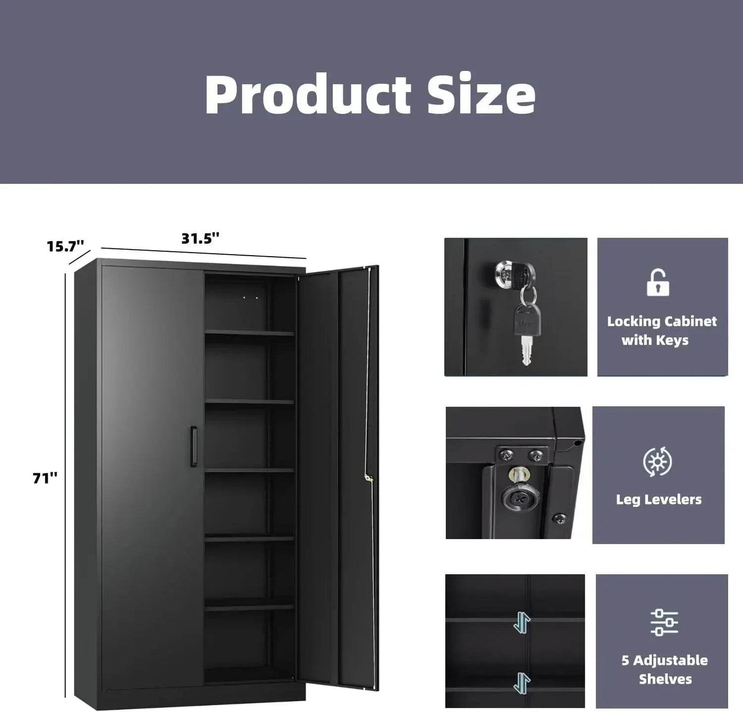 Garage Storage Cabinet with 2 Lockable Doors, 5 Adjustable Shelves - Loft&Timber