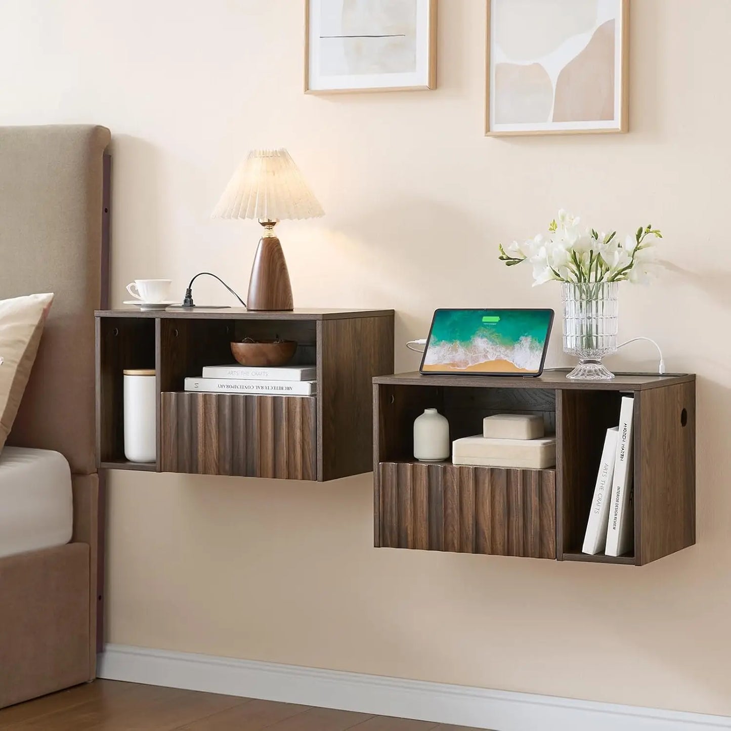 Floating Nightstand with Charging Station - Modern Rustic Brown Fluted Bedside Table with Drawer, USB Ports & Outlets (Set of 2)