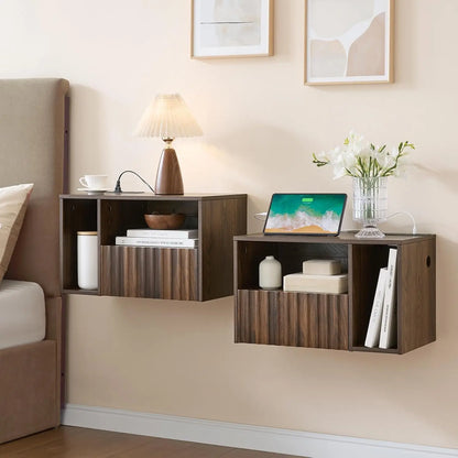 Floating Nightstand with Charging Station - Modern Rustic Brown Fluted Bedside Table with Drawer, USB Ports & Outlets (Set of 2)